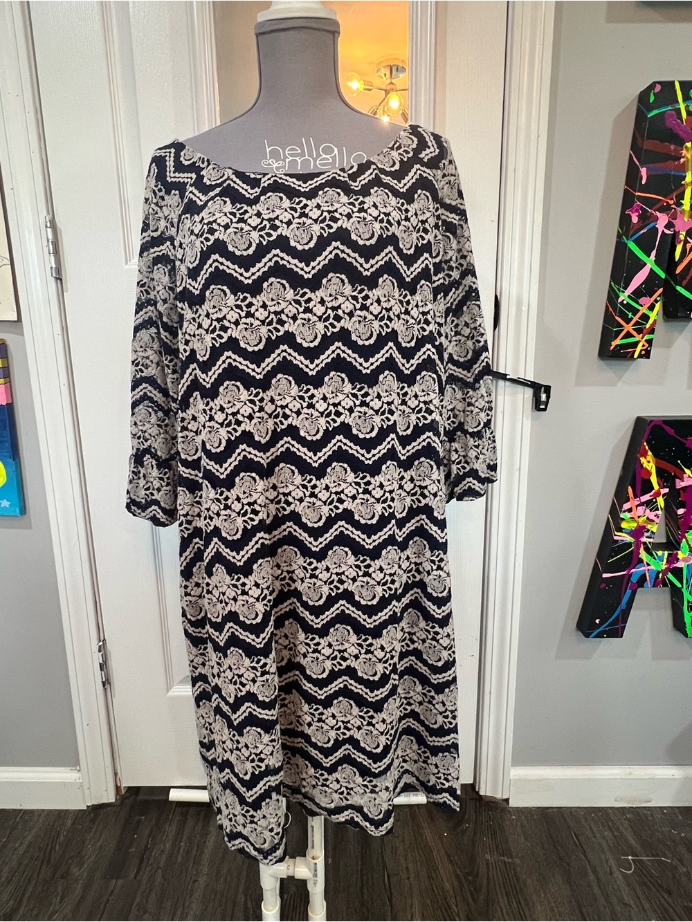 Black & White Floral Chevron Midi Dress